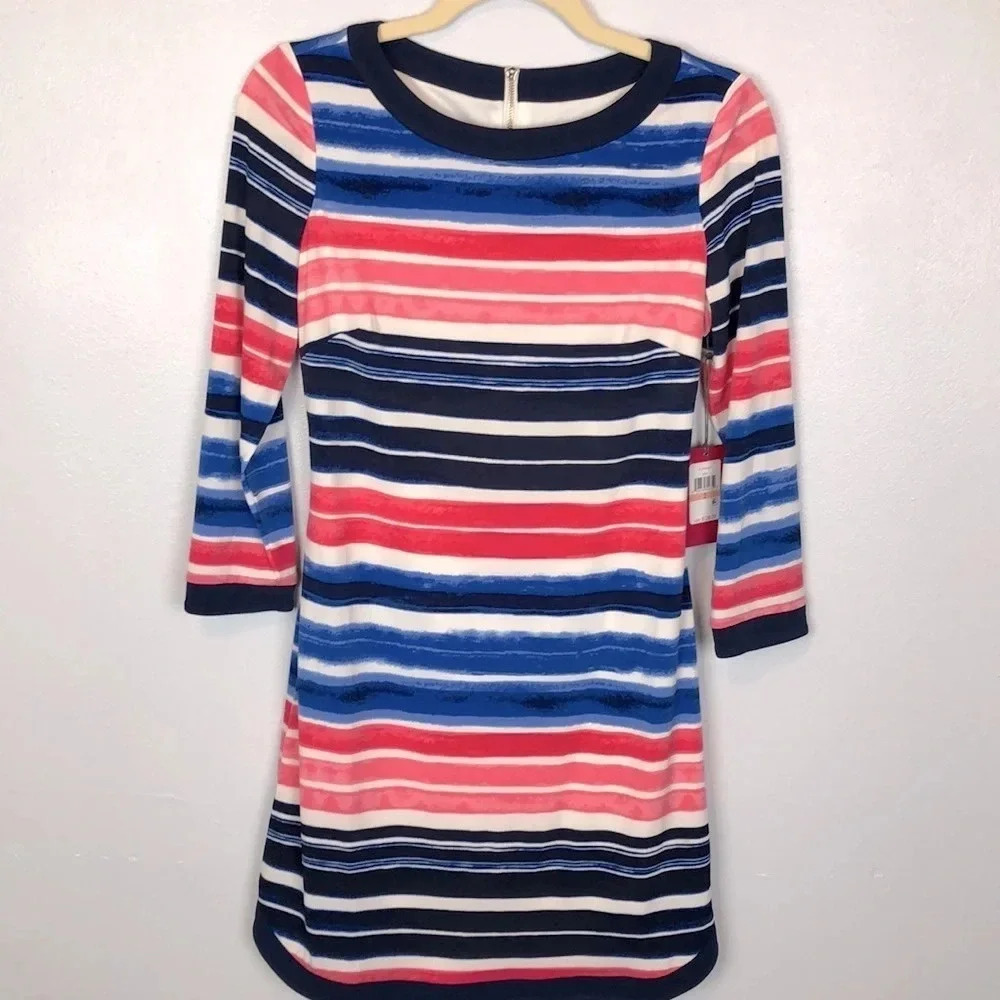 NEW Vince Camuto Stripe 3/4‎ Sleeve Back Zipper Dress